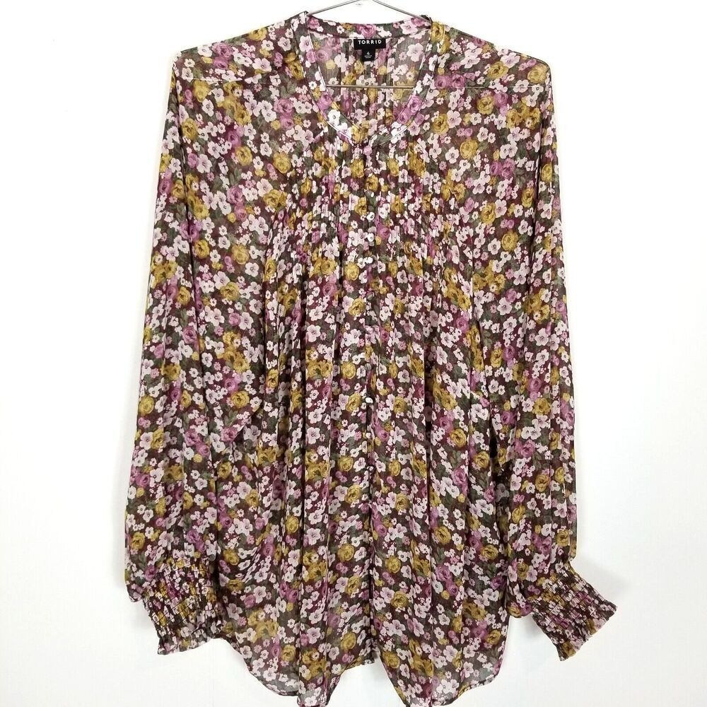 Torrid Women Crinkle Chiffon Smocked Blouson Sz 4X Long Sleeve Blouse Button Up